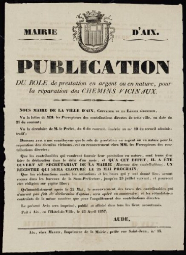 Publication du rôle de prestations en argent ou en nature pour la réparation des chemins vicinaux   / Mairie d'Aix