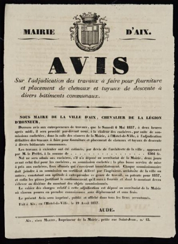 Avis sur l'adjudication des travaux à faire pour fournitures et placement de chenaux et tuyaux de descente à divers bâtiments communaux   / Mairie d'Aix