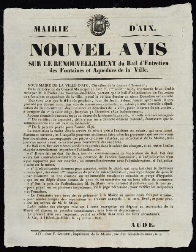 Nouvel avis sur le renouvellement du bail d'entretien des fontaines et aqueducs de la ville   / Mairie d'Aix