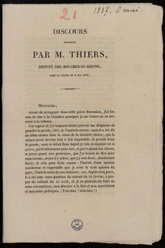 Discours prononcé par M. Thiers député des Bouches-du-Rhône dans la séance du 6 mai 1837