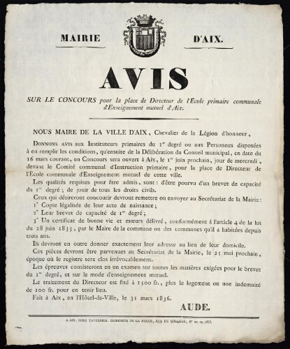 Avis, sur le concours pour la place de directeur de l'école primaire communale d'enseignement mutuel d'Aix   / Mairie d'Aix