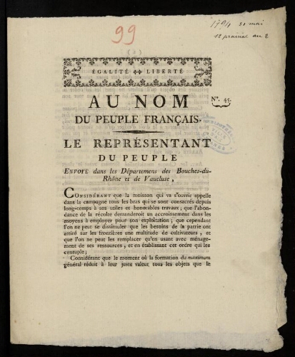 Au nom du peuple français, le représentant du peuple [Maignet] envoyé dans les départemens des Bouches-du-Rhône et de Vaucluse