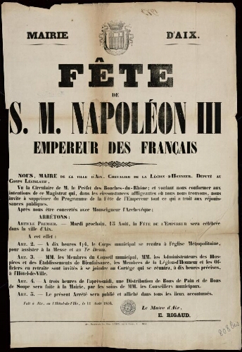 Fête de S. M. Napoléon III, empereur des Français / Mairie d'Aix