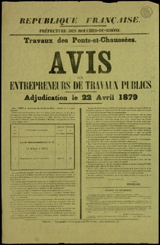 Travaux des Ponts-et-Chaussées : avis aux entrepreneurs de travaux publics. Adjudication du 22 avril 1879 / Préfecture des Bouches-du-Rhône