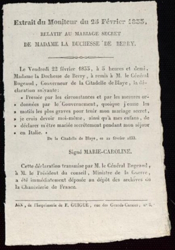 Extrait du Moniteur du 25 février 1835 relatif au mariage secret de madame la duchesse de Berry