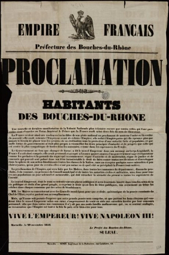 Proclamation. Habitants des Bouches-du-Rhône.... / Préfecture des Bouches-du-Rhône