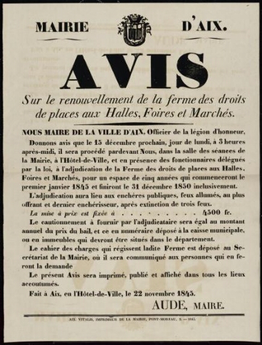 Avis sur le renouvellement de la ferme des droits de places aux halles, foires et marchés / Mairie d'Aix