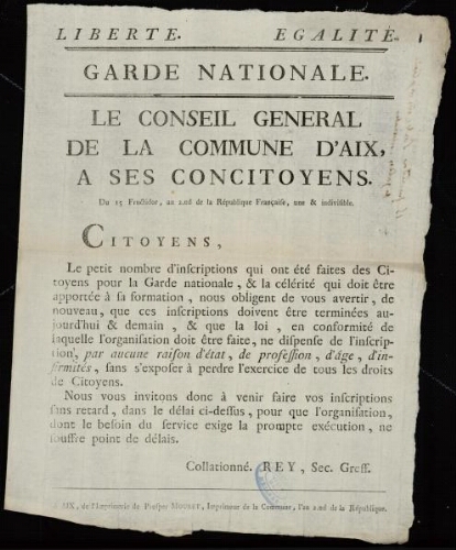 Garde nationale. Le Conseil général de la commune d'Aix, a ses concitoyens / [Mairie d'Aix]