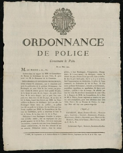 Ordonnance de Police concernant le pain. Du 27 mars 1790 / [Mairie d’Aix]