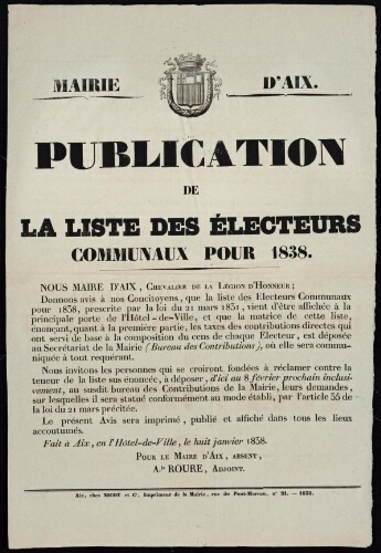 Publication de la liste des électeurs communaux pour 1838   / Mairie d'Aix