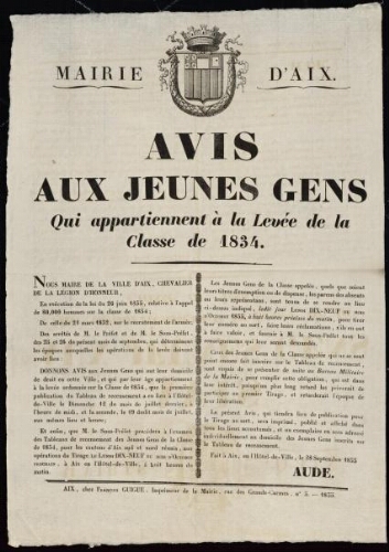 Avis aux jeunes gens qui appartiennent à la levée de la classe de 1834  / Mairie d'Aix