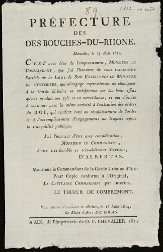 Marseille, le 13 août 1814. C’est avec bien de l'empressement... / Préfecture des Bouches-du-Rhône