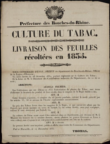 Culture du tabac : livraison des feuilles récoltées en 1835  / Préfecture des Bouches-du-Rhône