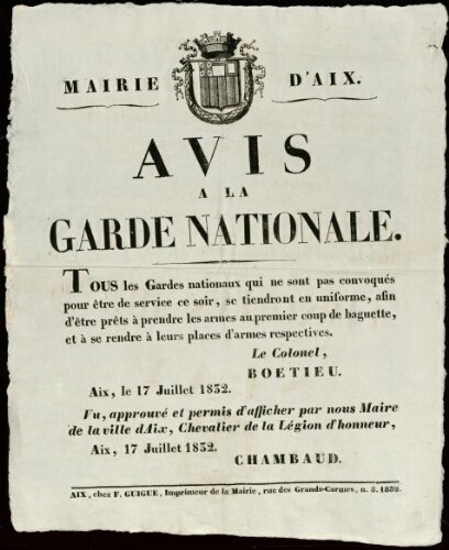Avis à la Garde nationale : « Tous les gardes nationaux [devront] être prêts à prendre les armes au premier coup de baguette... » / Mairie d'Aix