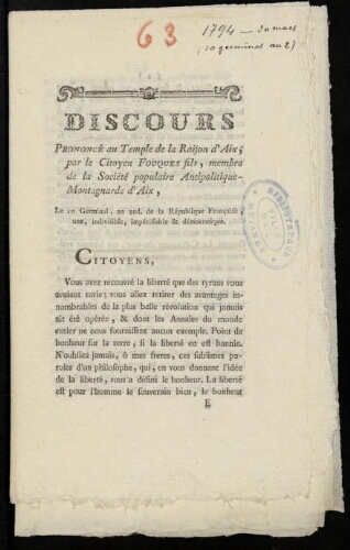 Discours prononcé au Temple de la Raison d'Aix, par le Citoyen Fouques fils, membre de la Société Antipolitique-Montagnarde d'Aix