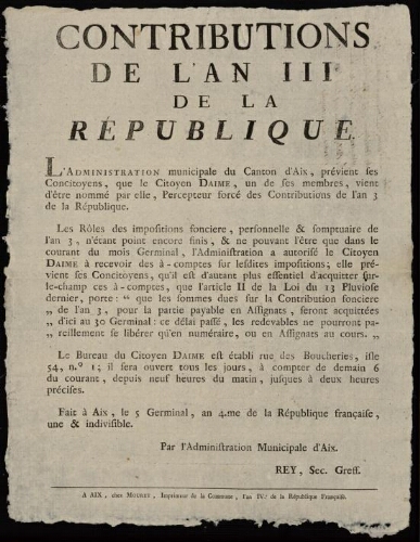 Contributions de l'an III de la République / Administration municipale d'Aix