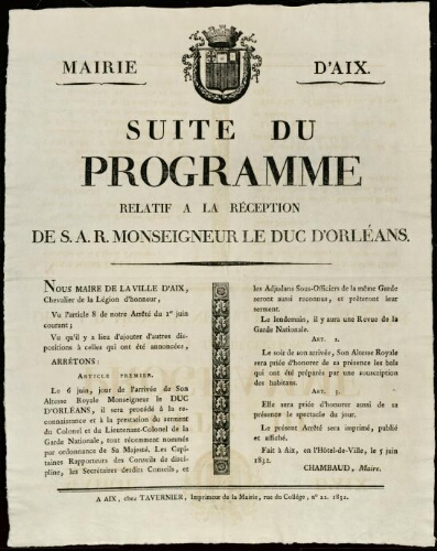 Suite du programme relatif à la réception de S.A.R. Monseigneur le duc d'Orléans / Mairie d'Aix
