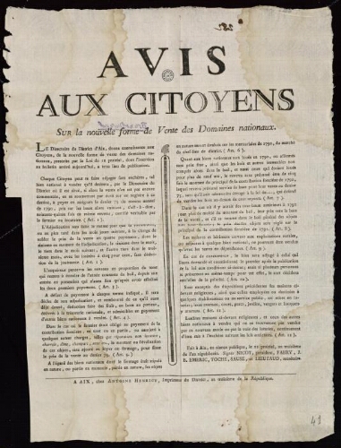 Avis aux citoyens sur la nouvelle forme de vente des domaines nationaux / Directoire du District d'Aix