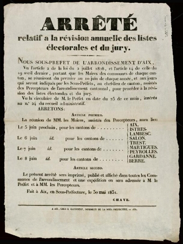 Arrêté relatif à la révision annuelle des listes électorales et du jury / [Sous-préfecture d’Aix]