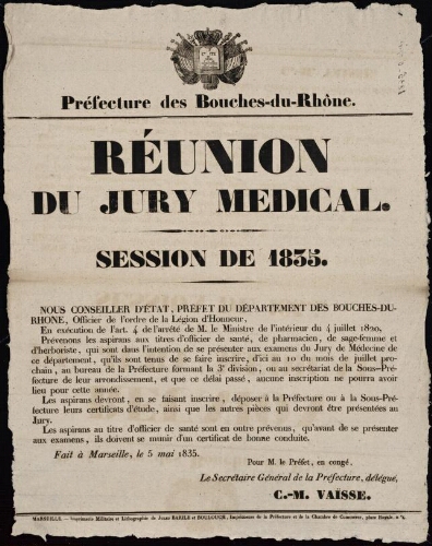 Réunion du jury médical : session de 1835  / Préfecture des Bouches-du-Rhône