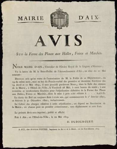 Avis, sur la ferme des places aux Halles, foires et marchés / Mairie d'Aix