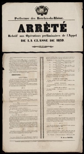 Arrêté relatif aux opérations préliminaires de l'appel de la classe de 1839   / Préfecture des Bouches-du-Rhône