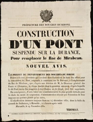 Construction d'un pont suspendu sur la Durance, pour remplacer le bac de Mirabeau. Nouvel avis / Préfecture des Bouches-du-Rhône