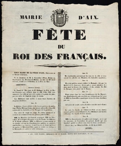 Fête du roi des français   / Mairie d'Aix