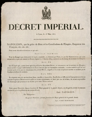 Décret impérial. A Lyon, le 13 mars 1815 / Napoléon