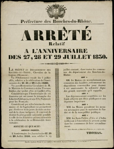 Arrêté relatif à l'anniversaire des 27, 28 et 29 juillet 1830 / Préfecture des Bouches-du-Rhône