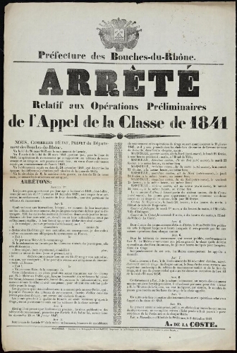 Arrêté relatif aux opérations préliminaires de l'appel de la classe de 1841 / Préfecture des Bouches-du-Rhône