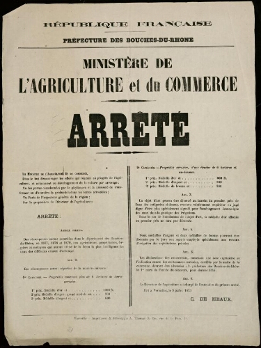 Ministère de l'agriculture et du commerce : Arrêté / Préfecture des Bouches-du-Rhône