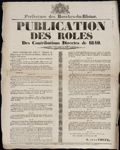 Publication des rôles des contributions directes de 1840   / Préfecture des Bouches-du-Rhône
