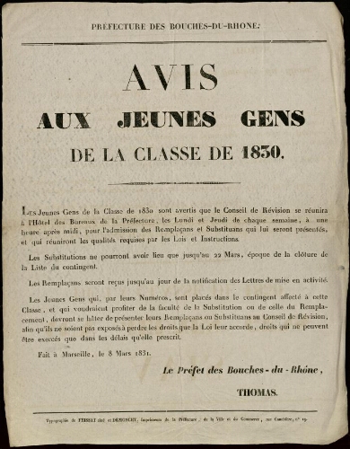 Avis aux jeunes gens de la classe de 1830 / Préfecture des Bouches-du-Rhône