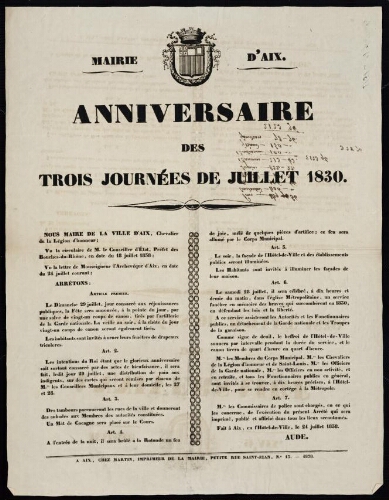 Anniversaire des trois journées de juillet 1830   / Mairie d'Aix