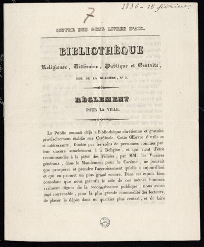 Bibliothèque religieuse, littéraire,  publique et gratuite (rue de la glacière, n°5) : règlement pour la ville / Oeuvre des bons livres d'Aix