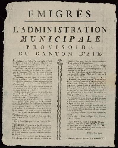 Emigrés / Administration municipale provisoire du Canton d'Aix