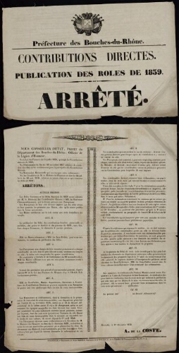 Contributions directes : publication des rôles de 1839   / Préfecture des Bouches-du-Rhône