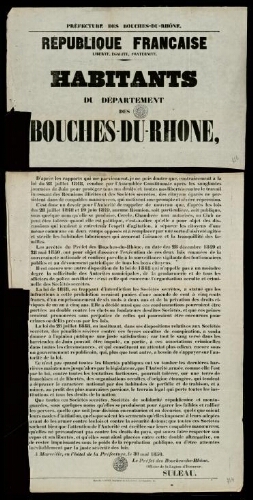 République française. Liberté, égalité, fraternité... Habitants du département des Bouches-du-Rhône (signé Suleau) / Préfecture des Bouches-du-Rhône