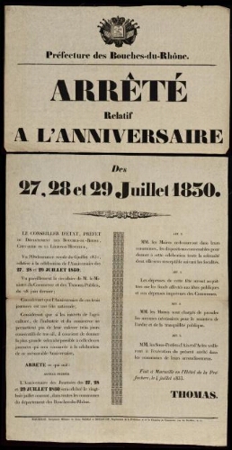 Arrêté relatif à l'anniversaire des 27, 28 et 29 juillet 1830 / Préfecture des Bouches-du-Rhône