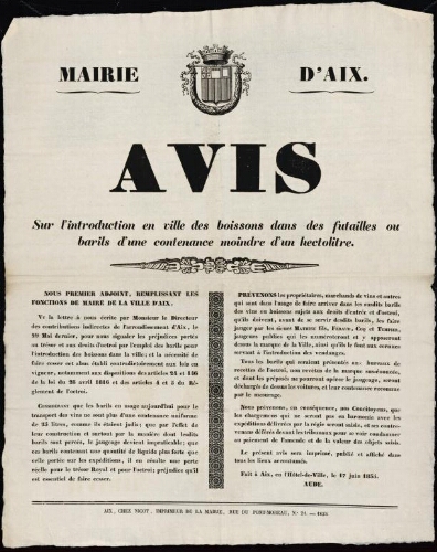 Avis sur l'introduction en ville des boissons dans des futailles ou barils d'une contenance moindre d'un hectolitre  / Mairie d'Aix