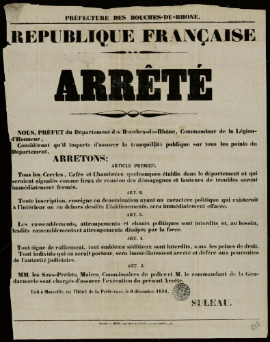 République française. Arrêté. Nous préfet.... arrêtons... tous les cercles, cafés et chambrées quelconques établis dans le département....