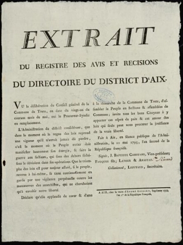Extrait du registre des avis et r[d]ecisions du directoire du district d'Aix