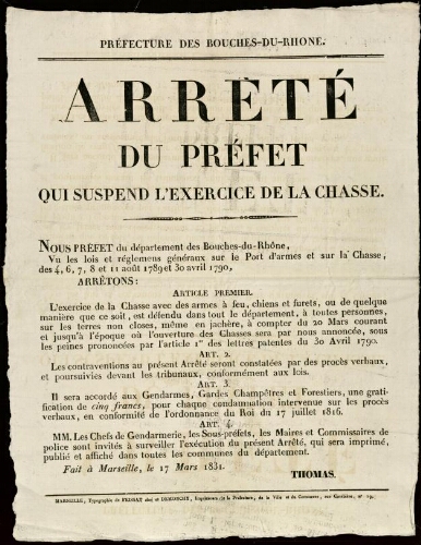 Arrêté du Préfet qui suspend l'exercice de la chasse / Préfecture des Bouches-du-Rhône