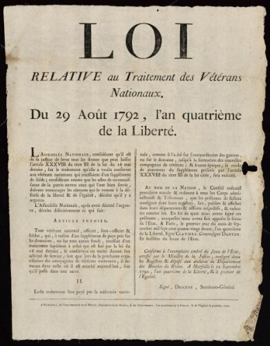 Loi relative au traitement des vétérans nationaux. Du 29 août 1792, l'an quatrième de la liberté; Du 29 aout, l'an quatrième de la liberté