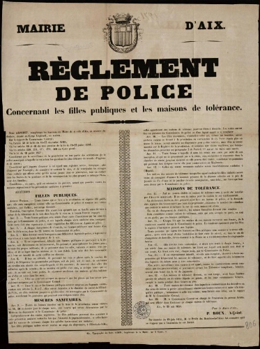 Règlement de police concernant les filles publiques et les maisons de tolérance / Mairie d'Aix