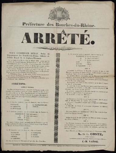 Arrêté : [...] les électeurs départementaux [...] seront convoqués dans les cantons...  / Préfecture des Bouches-du-Rhône