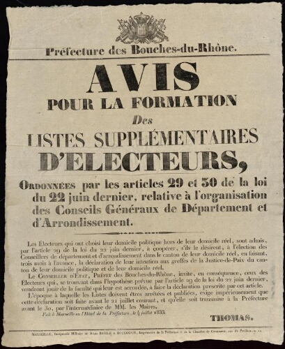 Avis pour la formation des listes supplémentaires d'électeurs / Préfecture des Bouches-du-Rhône