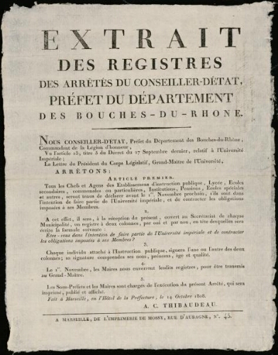 Extrait des registres des arrêtés du Conseiller-d'Etat, Préfet du département des Bouches-du-Rhône