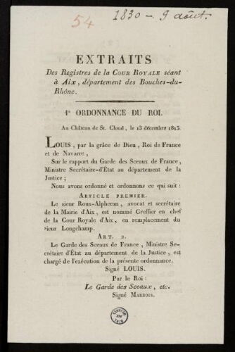 Extrait des registres de la Cour royale séant à Aix Département des Bouches-du-Rhône